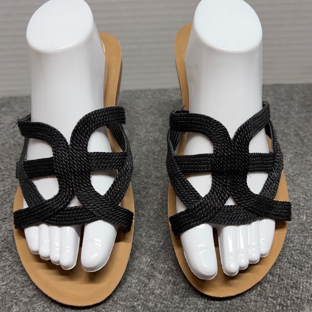Shoe Aholic Womens Black Woven Rope Slide Sandals Size 11 Flat Slip On Boho